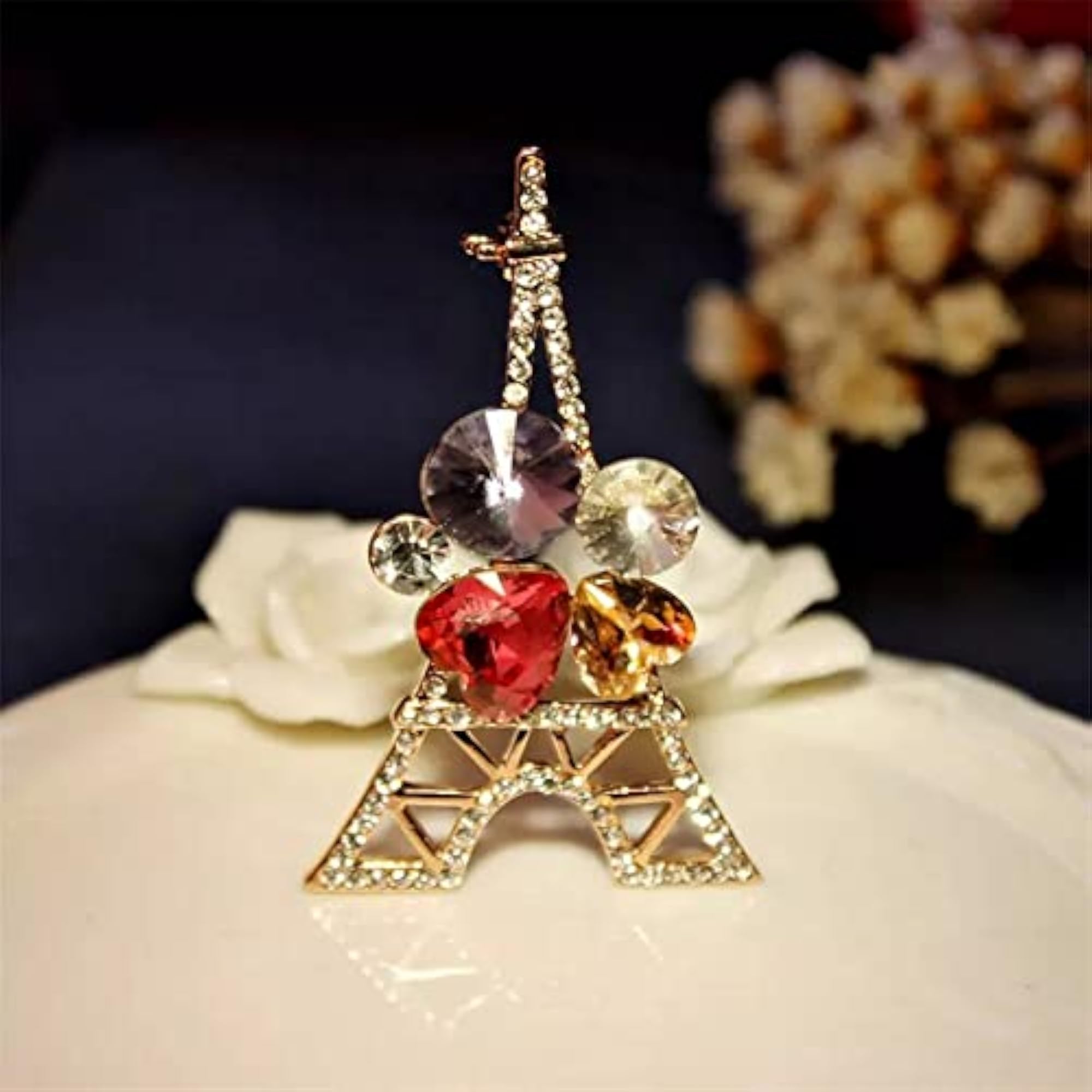 Rhinestone Crystal Studded Eye & Tower Design Brooch Pin Combo